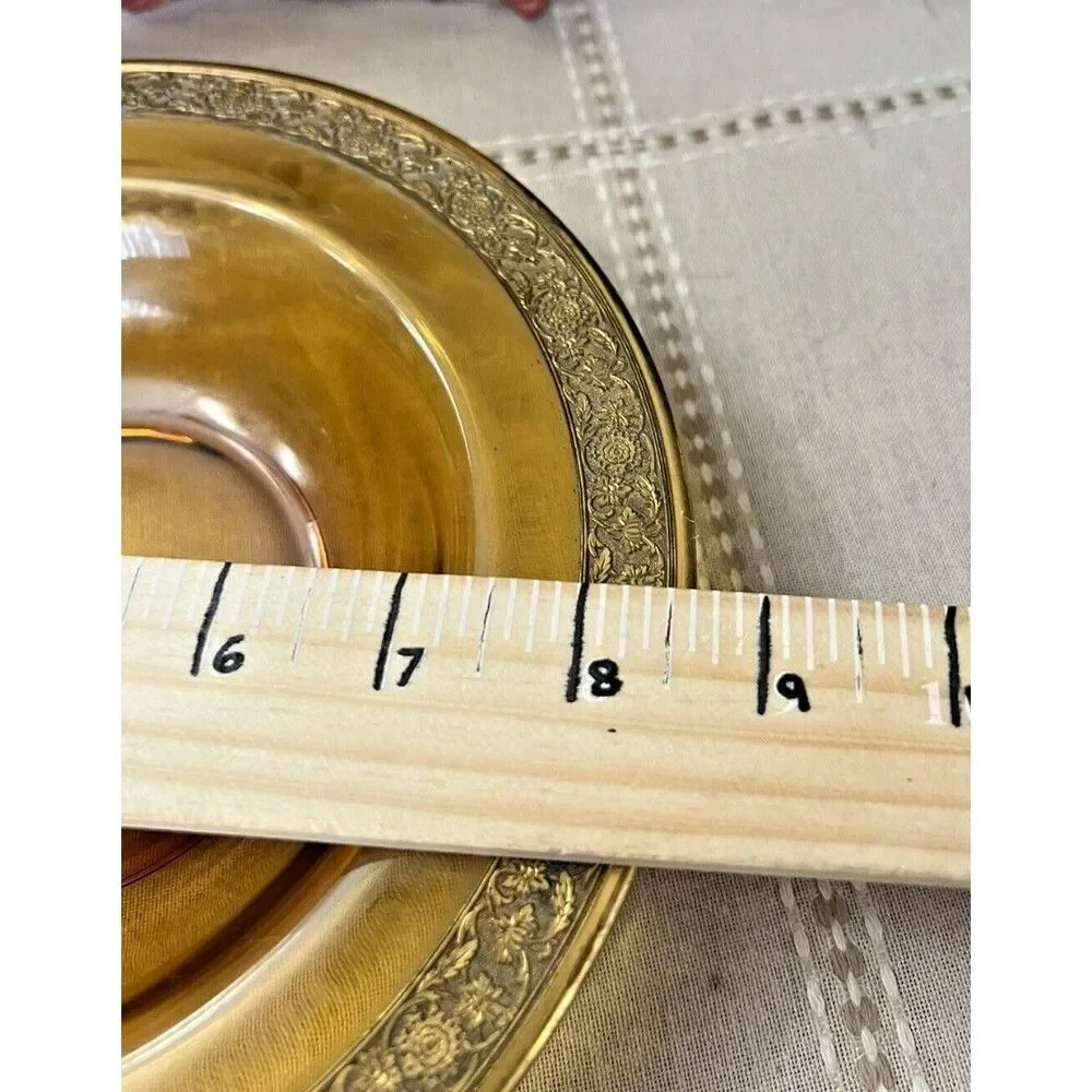 Amber Dish With Metal Etched Rim 8.5 inches vintage